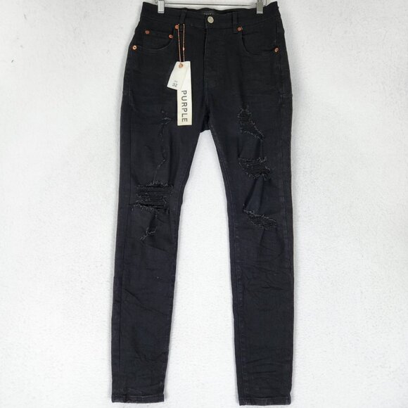Purple Brand Jeans Mens 32X30 Black Slim Skinny P001 Distressed Button Fly NEW - Picture 1 of 16